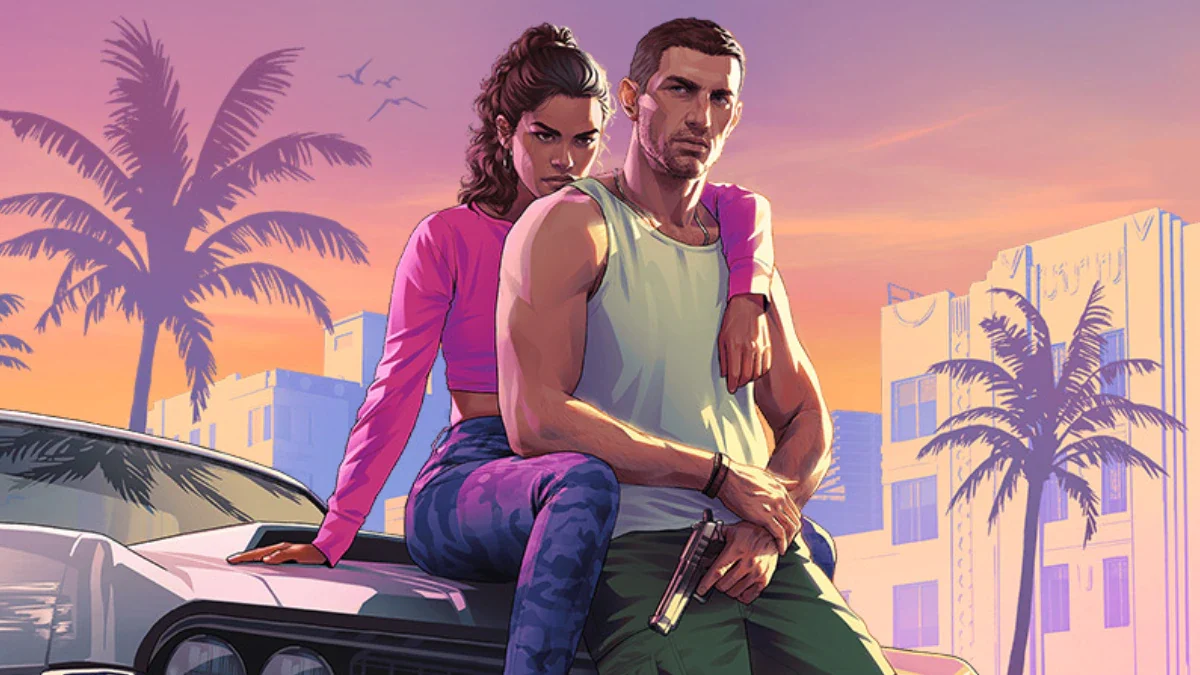 Arte oficial de Grand Theft Auto VI com os protagonistas Jason e Lucia.