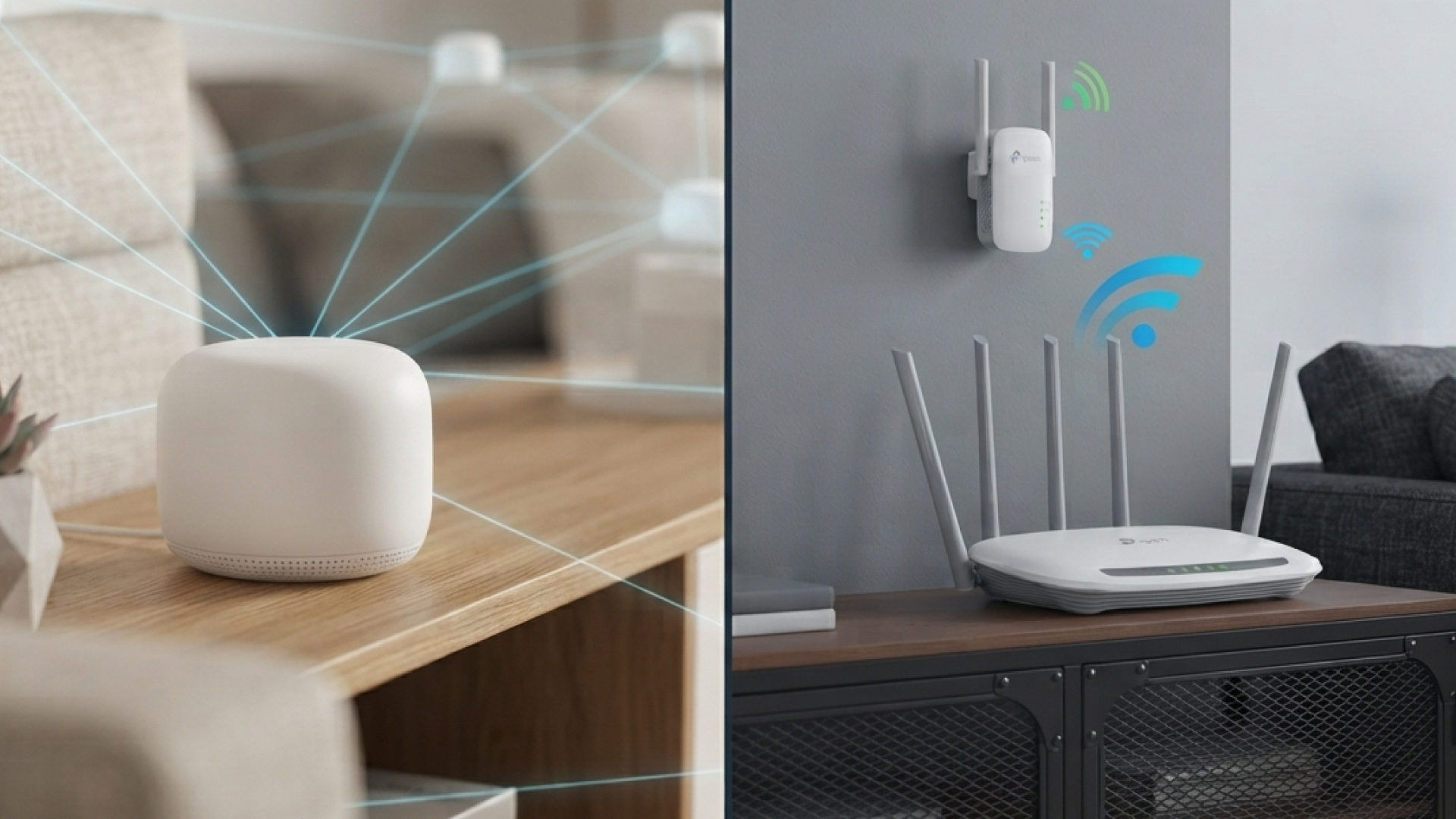 Comparação entre um repetidor Wi-Fi e módulos de um sistema Mesh usados para ampliar a cobertura da rede.