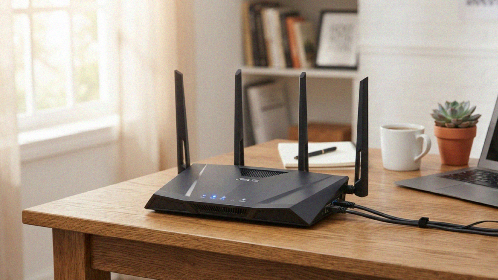 Roteador Wi-Fi instalado em uma casa com celulares, notebook e Smart TV conectados à rede.